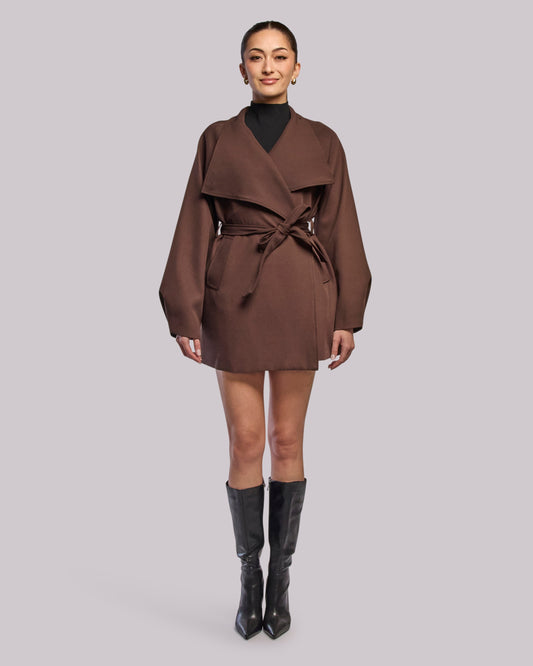 Model wearing Dawn brown wrap coat standing straight