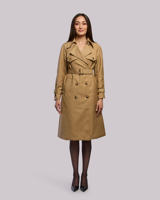 Model wearing Glory trench coat standing straight