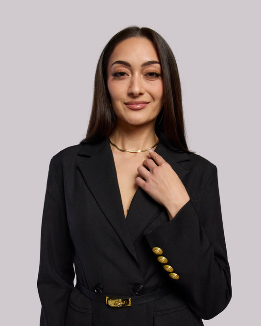 Model wearing Rebel asymmetrical blazer closeup shot