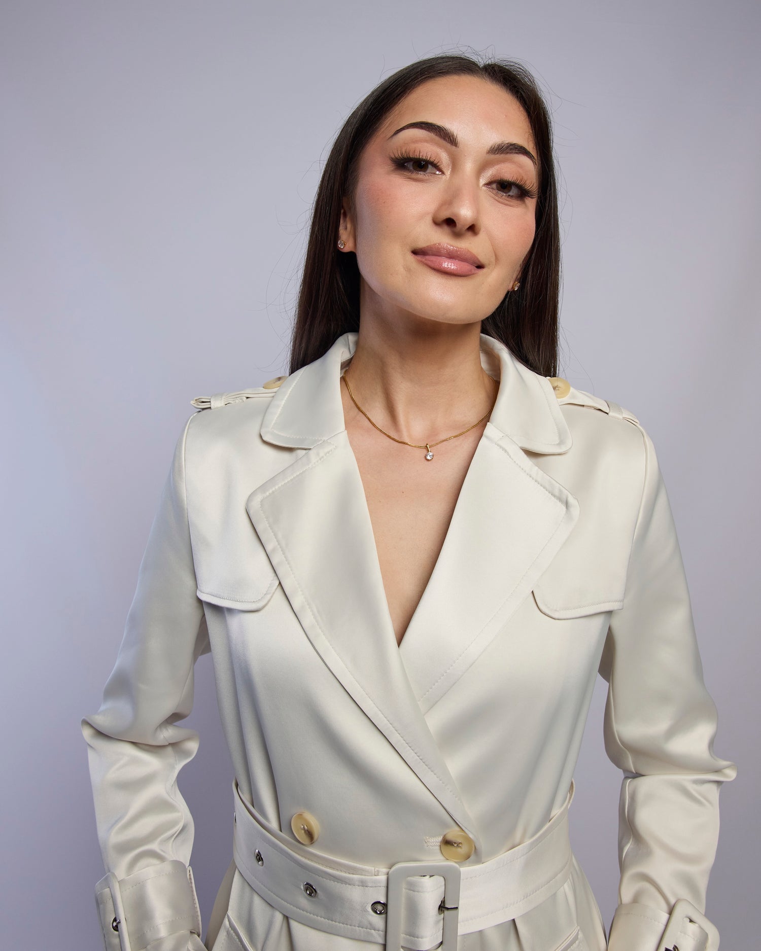 Model wearing Snow silky trench coat closeup shot