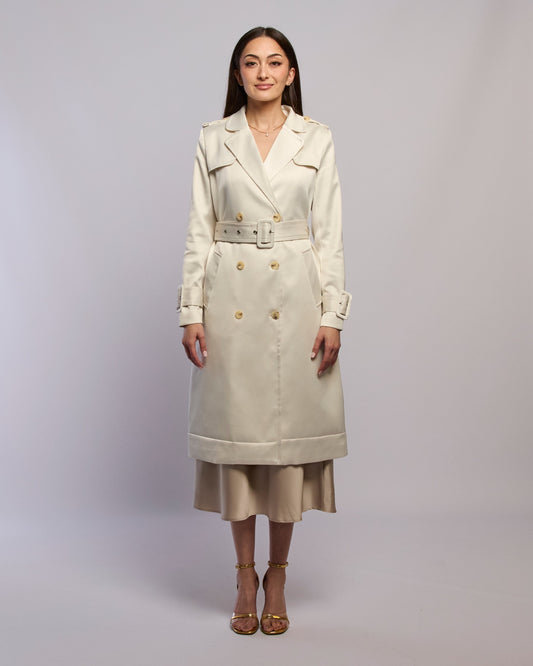 Model wearing Snow silky trench coat standing straight