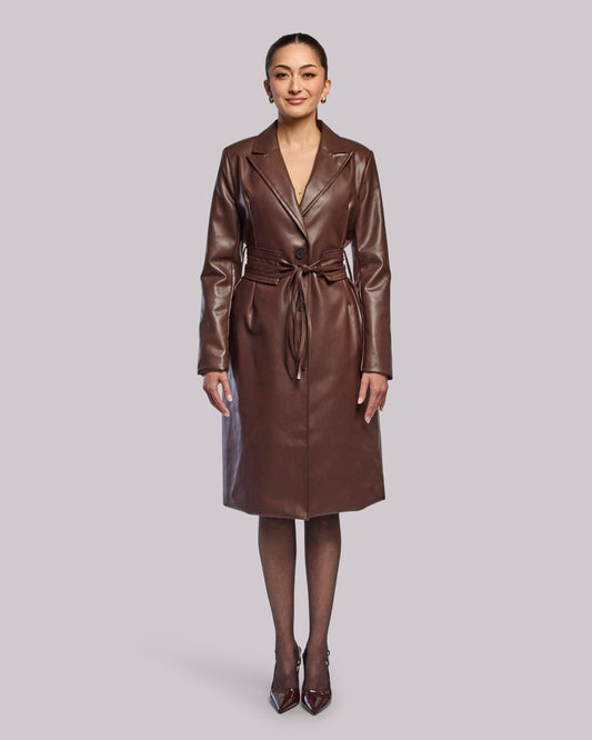 Model wearing Storm long coat standing straight