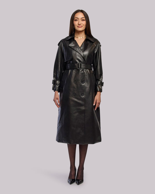 Model wearing Thunder leather trench coat standing straight