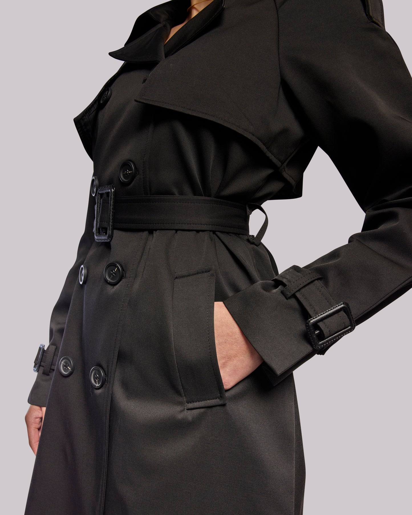 Victory black trench coat fabric detail