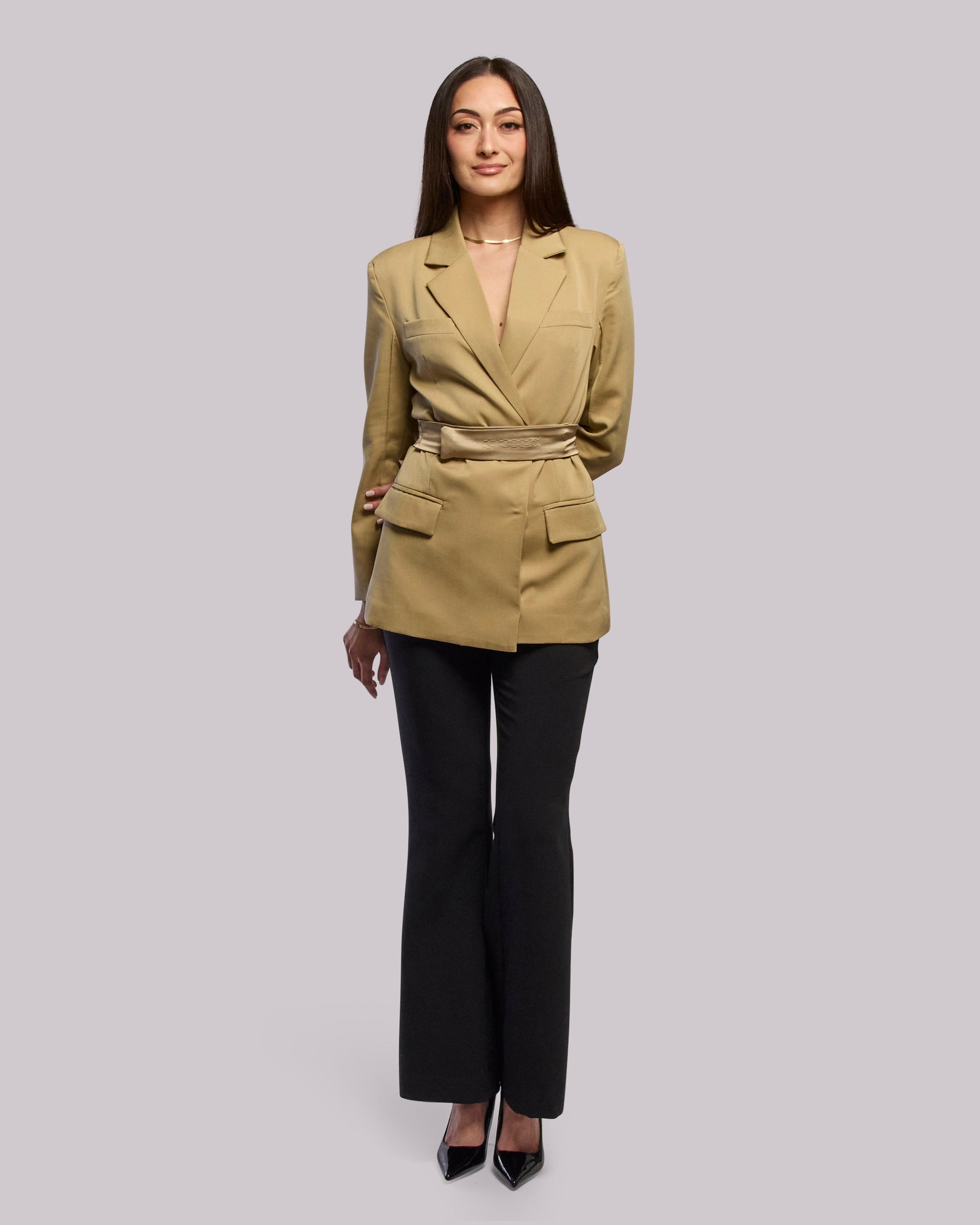 Model wearing Blaze Blazer standing with hands at back