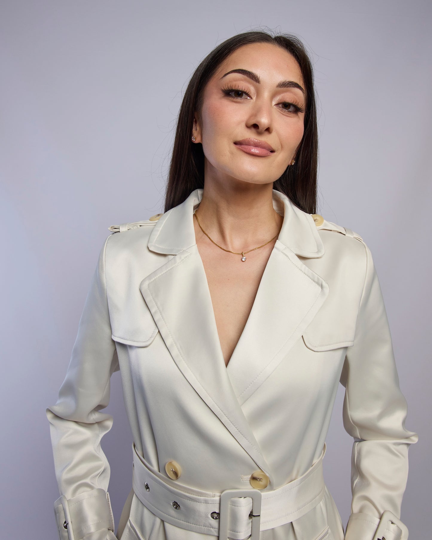 Model wearing Snow silky trench coat closeup shot