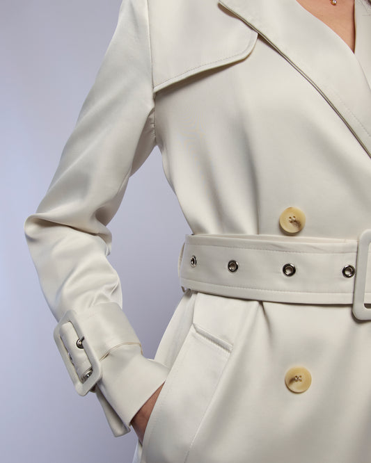 Snow silky trench coat fabric focus