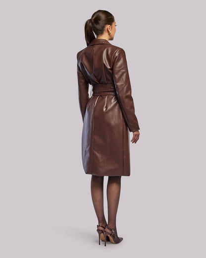 Model wearing Storm long coat standing back angle