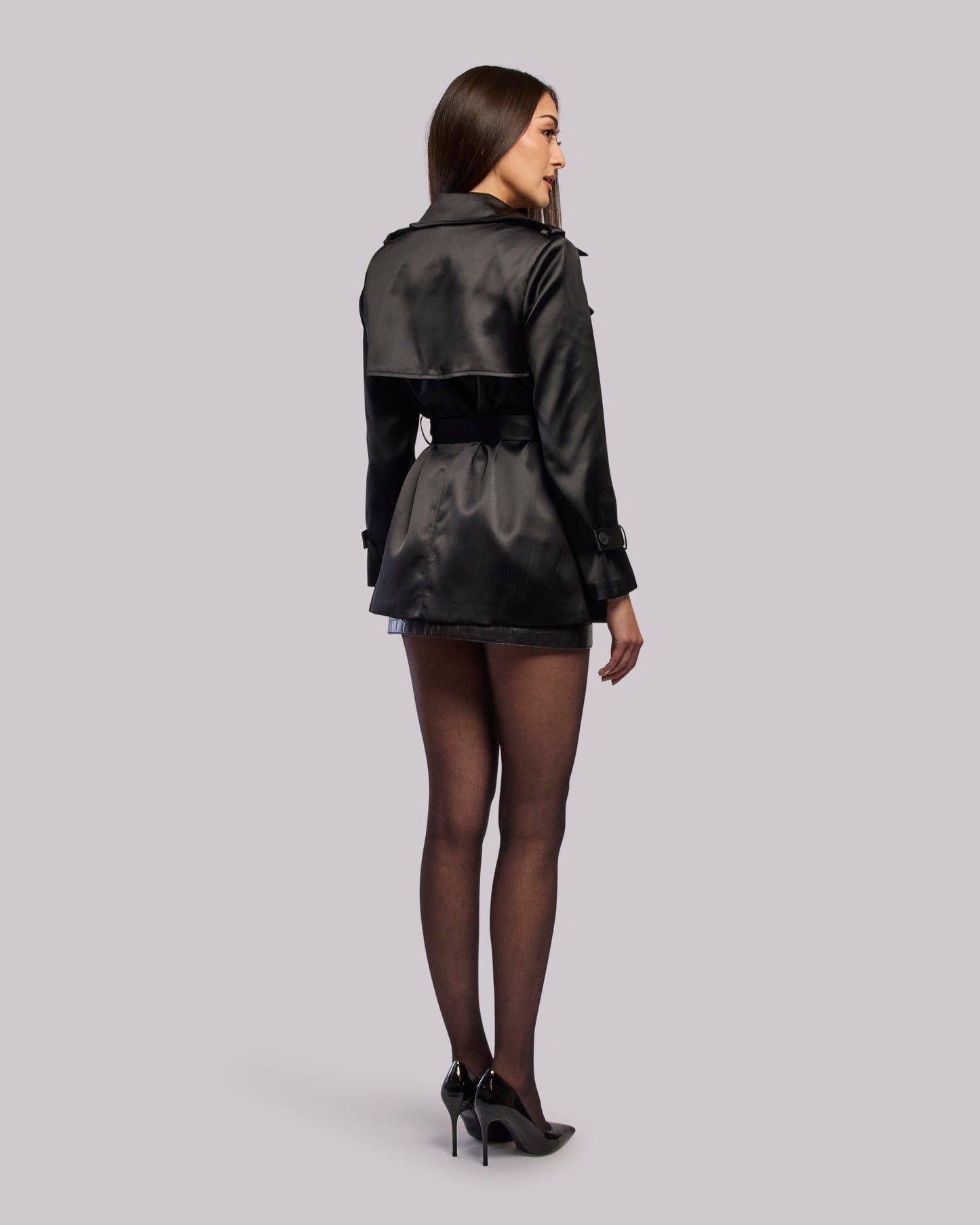 Model wearing Twilight Trench Jacket standing back angle