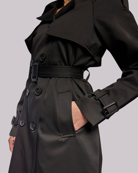 Victory black trench coat fabric detail